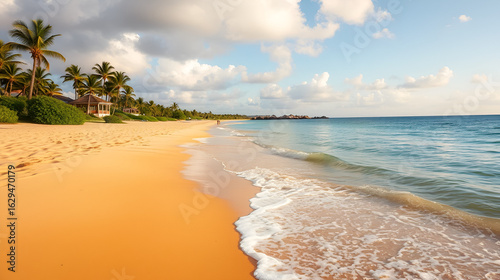 Golden sands of a pristine beach underfoot with gentle waves lapping at the shore a paradise of relaxation and luxury