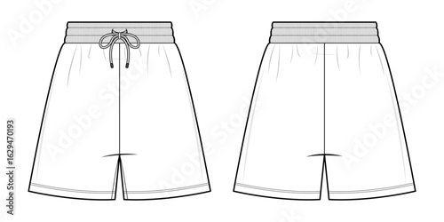 Drawstring Shorts Technical Fashion Illustration. Mid-Thigh Casual Shorts with Elastic Waistband Vector Template. Side Slit Hem. Front and Back View. Relaxed Fit. Menswear. CAD Mockup Set.