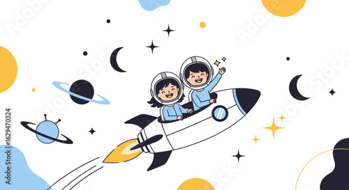 Two happy children riding a rocket ship through outer space among planets and stars