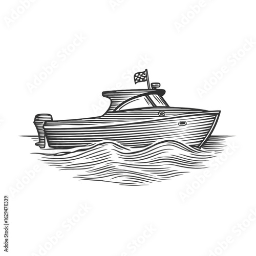 Vintage powerboat vector illustration in a classic black and white engraving style.