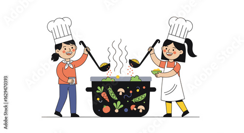 Two cheerful young chefs enthusiastically preparing a large pot of delicious vegetable stew together