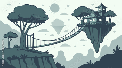 Explore fantasy treehouse landscape with hanging bridge vector illustration for adventure seekers and dreamers