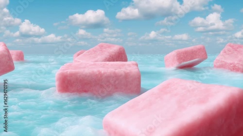 Pink blocks float on turquoise water under bright sky, creating surreal scene