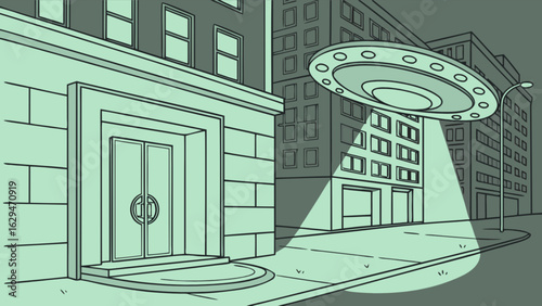 Ufo sighting in city street cartoon vector illustration alien spaceship flying over building abduction concept