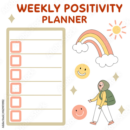 A cheerful weekly positivity planner with a checklist rainbow sun smiling faces and a happy person promoting good vibes and mental well being