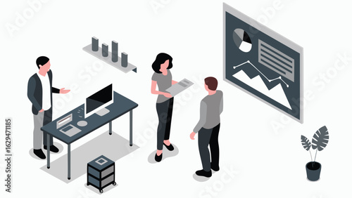 Isometric office scene showing three people discussing data on a screen and paperwork on a desk