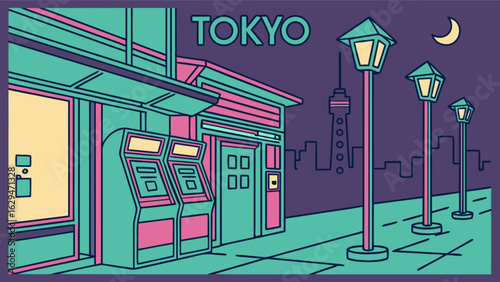 Tokyo cityscape illustration with atm and street lights at night in neon colors for travel and tourism