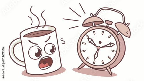 Cartoon coffee mug screaming at alarm clock morning wake up call caffeine needed illustration vector art