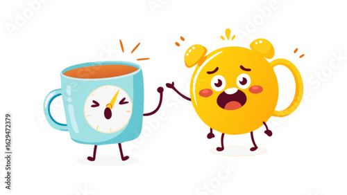 Cartoon morning wake up time coffee cup and alarm clock illustration vector design for graphic element