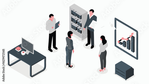 Isometric office scene with four people, desk with computer, chart, and filing cabinet displayed