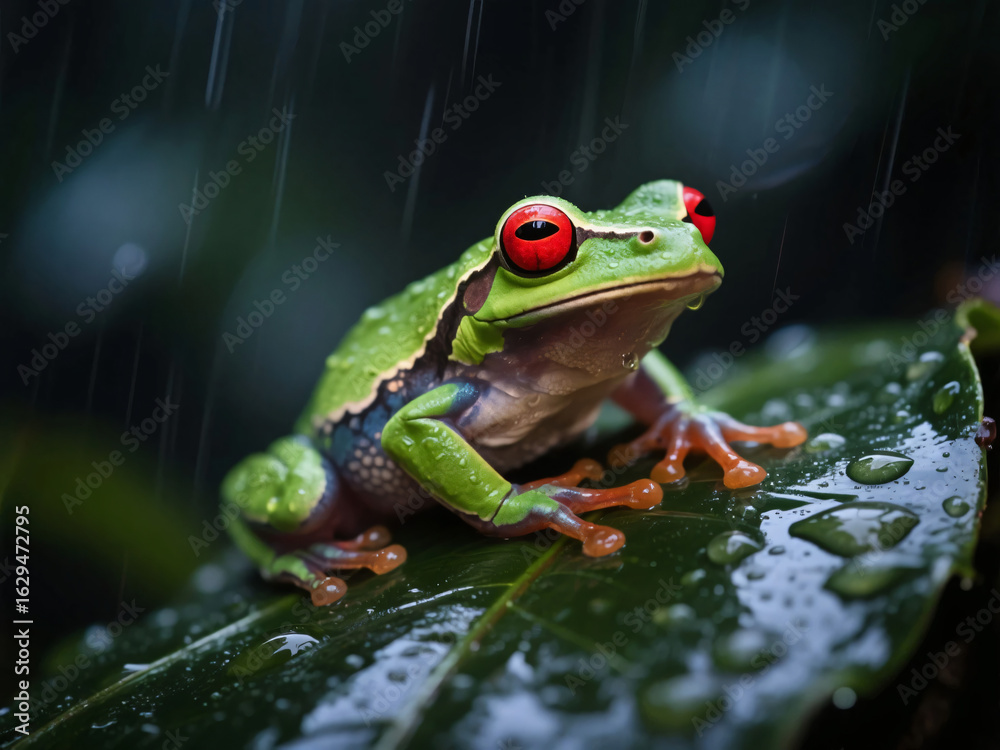 Fototapeta premium Green Frog on Leaf in the Rain