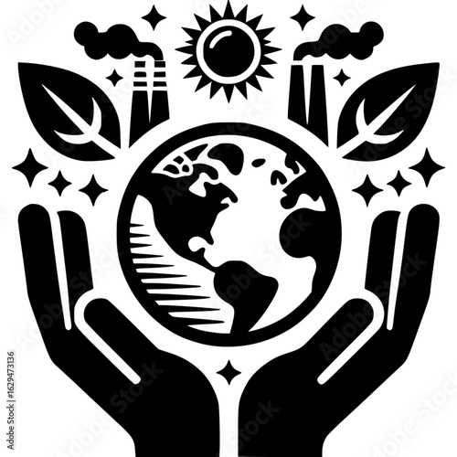 Earth in Hand: A visually compelling illustration symbolizing environmental protection, featuring the Earth held gently within hands, encircled by elements of nature and industry.