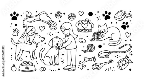 Girl and Dogs with Cat and Accessories - A Cute Coloring Page Scene