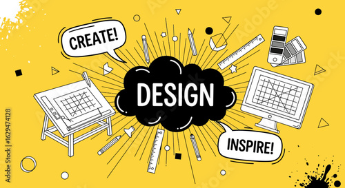 Graphic design tools and inspiration with drafting table and computer monitor