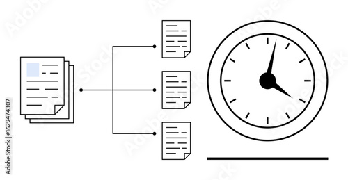 Documents flowing into individual files via arrows alongside an analog clock. Ideal for productivity, time management, efficiency, workflow, data processing, organization, simple flat metaphor