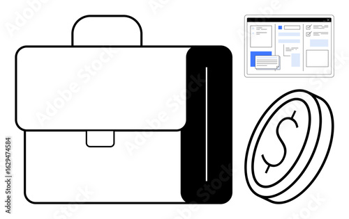 Business suitcase, dollar coin, and interface design suggesting finance, wealth, planning, and automation. Ideal for finance, business, corporate tools savings investment fintech or workflow