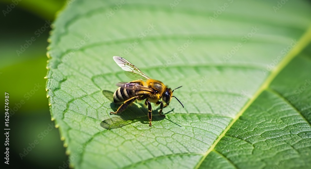 Detailed Close-Up of a Bee Resting on a Vibrant Green Leaf in Natural Light Detailed Close-Up of a Bee Resting on a Vibrant Green Leaf in Natural Light
