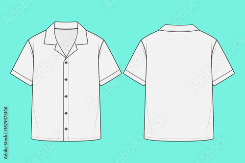 Men’s Half Sleeve Cuban Shirt Fashion Flat Sketch Technical Drawing CAD Mockup Template.