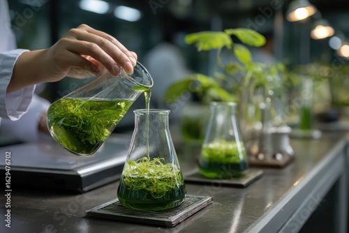 Research activity involving green algae in a laboratory setting focused on science and technology advancements