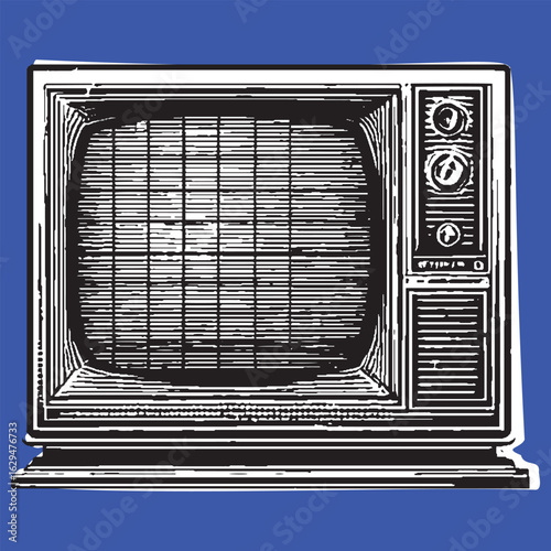 Vintage television with control knobs shown in a black and white sketch. Retro electronics lineart vector illustration.