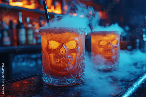 glasses of beer with skull designs.