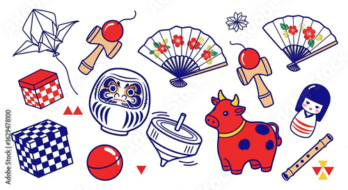Japanese New Year Lucky Charms and Toys: Daruma Doll, Origami Crane, and Akabeko