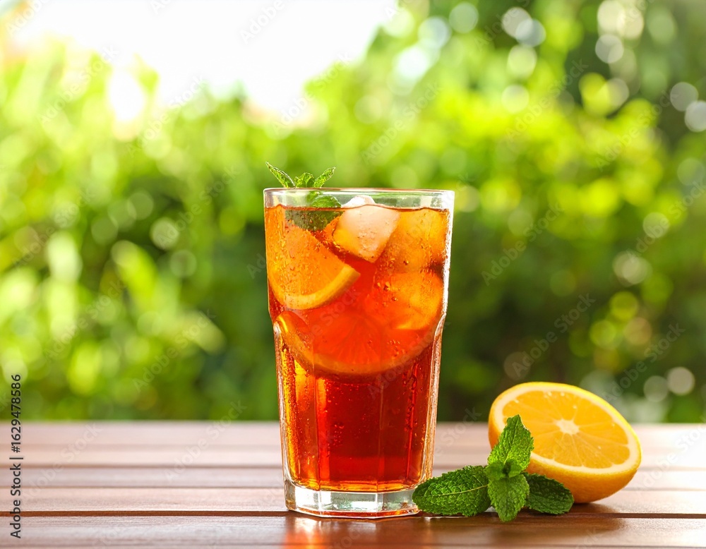 Fototapeta premium Refreshing iced tea with lemon and mint on a wooden table