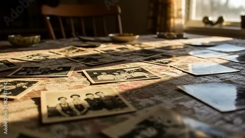 Vintage photographs scattered on a table