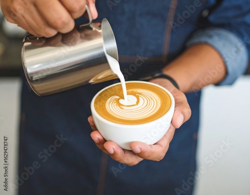 Barista's hands pouring milk to create latte art on coffee