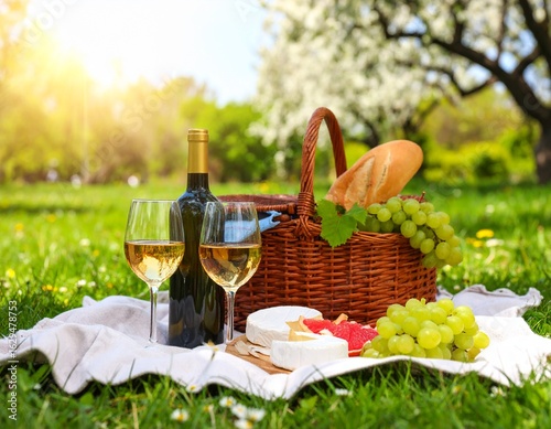 Romantic picnic in a park with a bottle of wine, glasses, cheese, and a basket