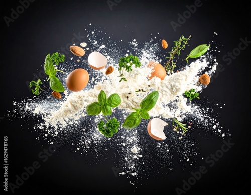 Flying ingredients for baking, including flour, eggs, and herbs on a black background