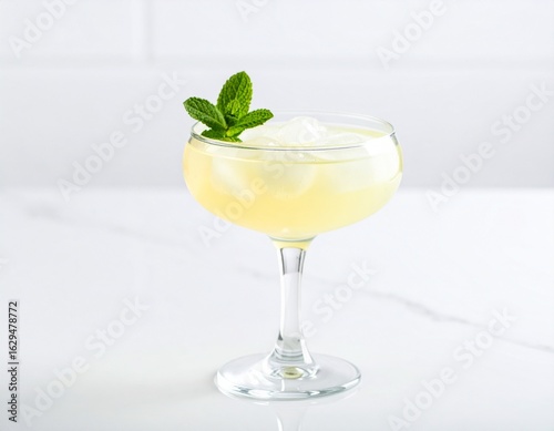 Elegant yellow cocktail with mint garnish in a coupe glass