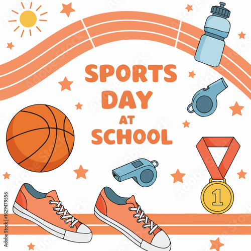 A bright poster with elements of a sports day at school: a basketball, sneakers, a whistle, a medal, a bottle of water, and the sun. 