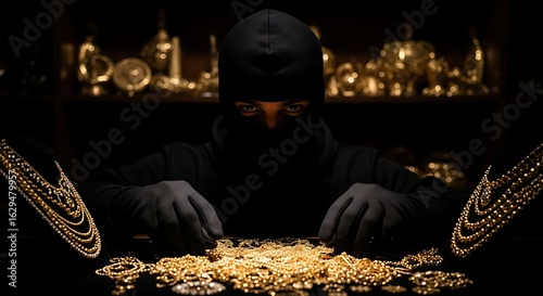 Masked thief in a balaclava sorting through a pile of stolen gold jewelry and treasures after a successful heist in a dark room.