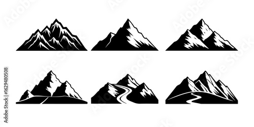 Six black and white mountain range graphic icons mountains