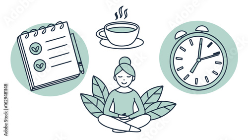 Illustration of a woman meditating with a notebook, coffee, and clock around her in a calm setting
