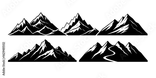 Five black and white mountain range silhouettes mountains