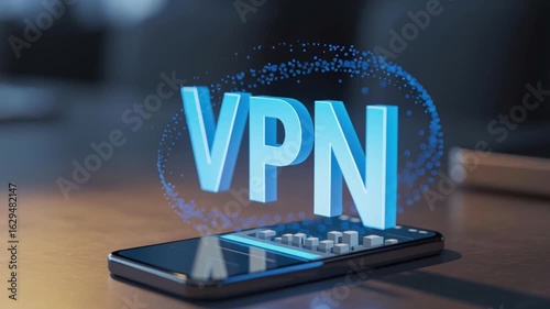 VPN privacy safety smartphone concept. A phone displaying a floating VPN message for security.