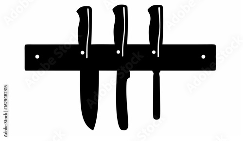 Three kitchen knives hanging vertically from a black magnetic knife holder fixed to the wall surface silhouette