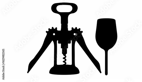 Silhouette depiction featuring a winged corkscrew and a champagne flute in a stark black and white image