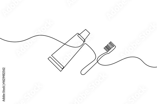 Minimalist style toothbrush and paste single line art isolated vector outline drawing illustration
