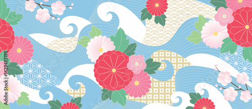 Japanese ocean wave pattern background vector. Wallpaper oriental design with sea wave pattern, cherry blossom flower. Illustration for banner, wall art, website, interior.