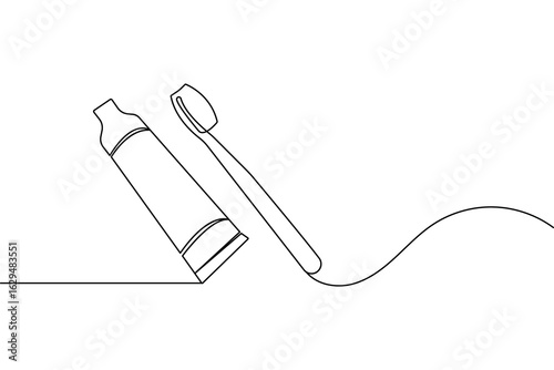 Minimalist style toothbrush and paste single line art isolated vector outline drawing illustration
