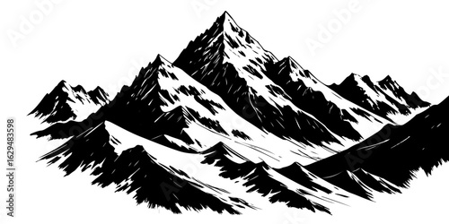 Black and white graphic illustration of snow capped mountains