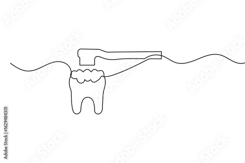 Minimalist style toothbrush and paste single line art isolated vector outline drawing illustration
