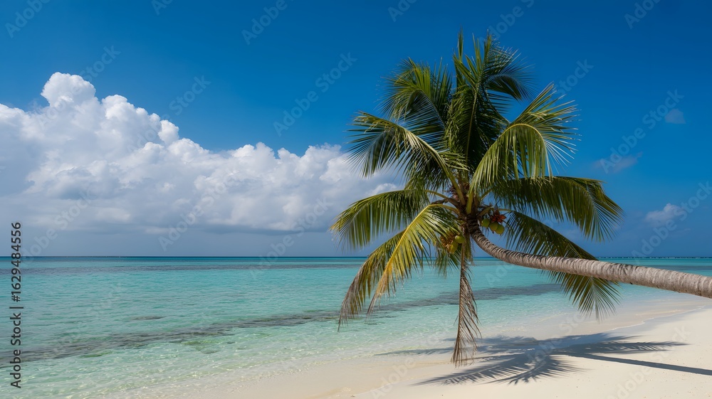Fototapeta premium Perfect Tropical Beach Paradise with Single Palm Tree and Crystal Waters