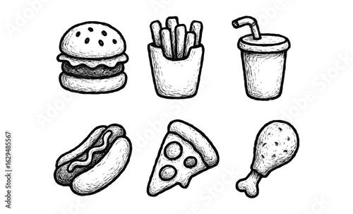 Hand-drawn fast food icons: burger, fries, pizza, hot dog, drink, chicken drumstick