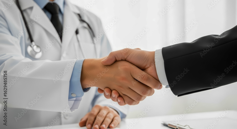 Obraz premium Doctor in white coat and stethoscope shakes hands with person in black suit on white background representing medical agreement or business partnership