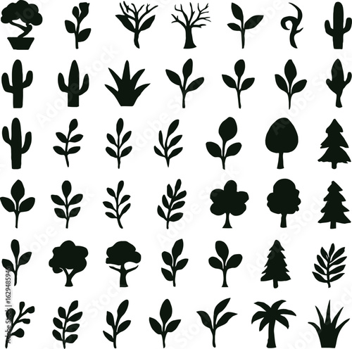 Diverse Collection of Black Silhouette Plant Icons on a White Background