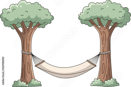 A cozy cartoon hammock tied between two sturdy trees with green leafy canopies.